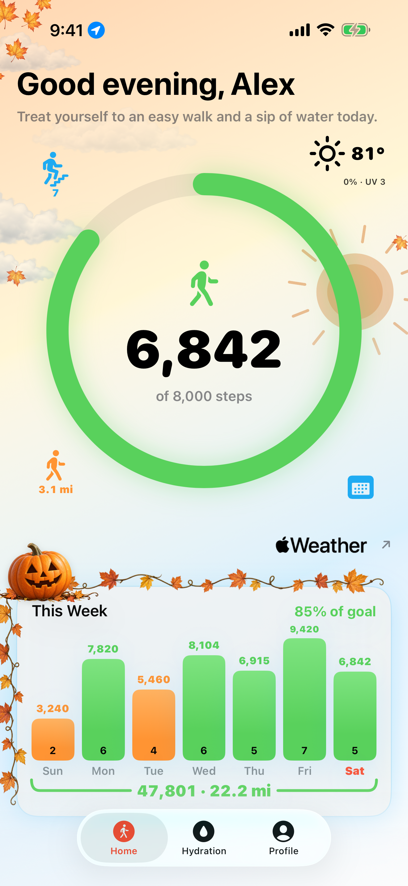 GlowWalk Lite home screen with local weather, step progress, and weekly activity
