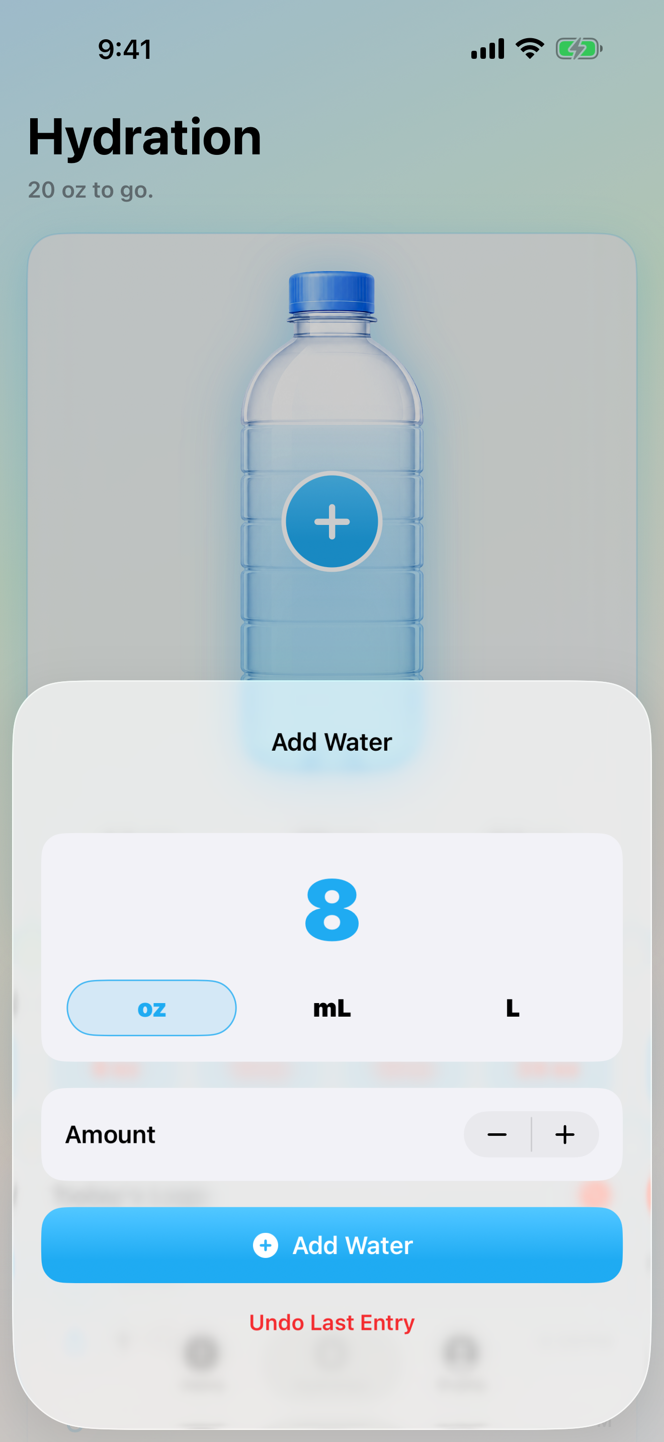 GlowWalk Lite hydration screen with the add-water control