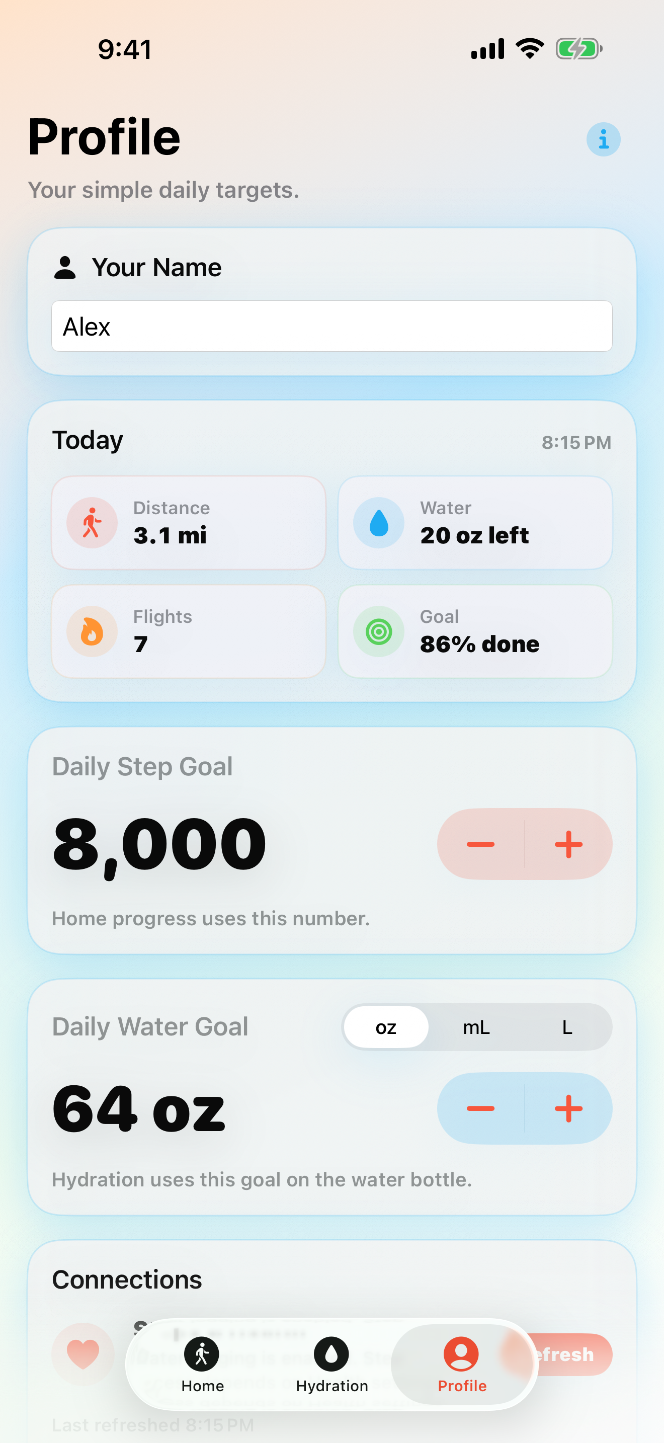 GlowWalk Lite profile screen with daily step and water goals