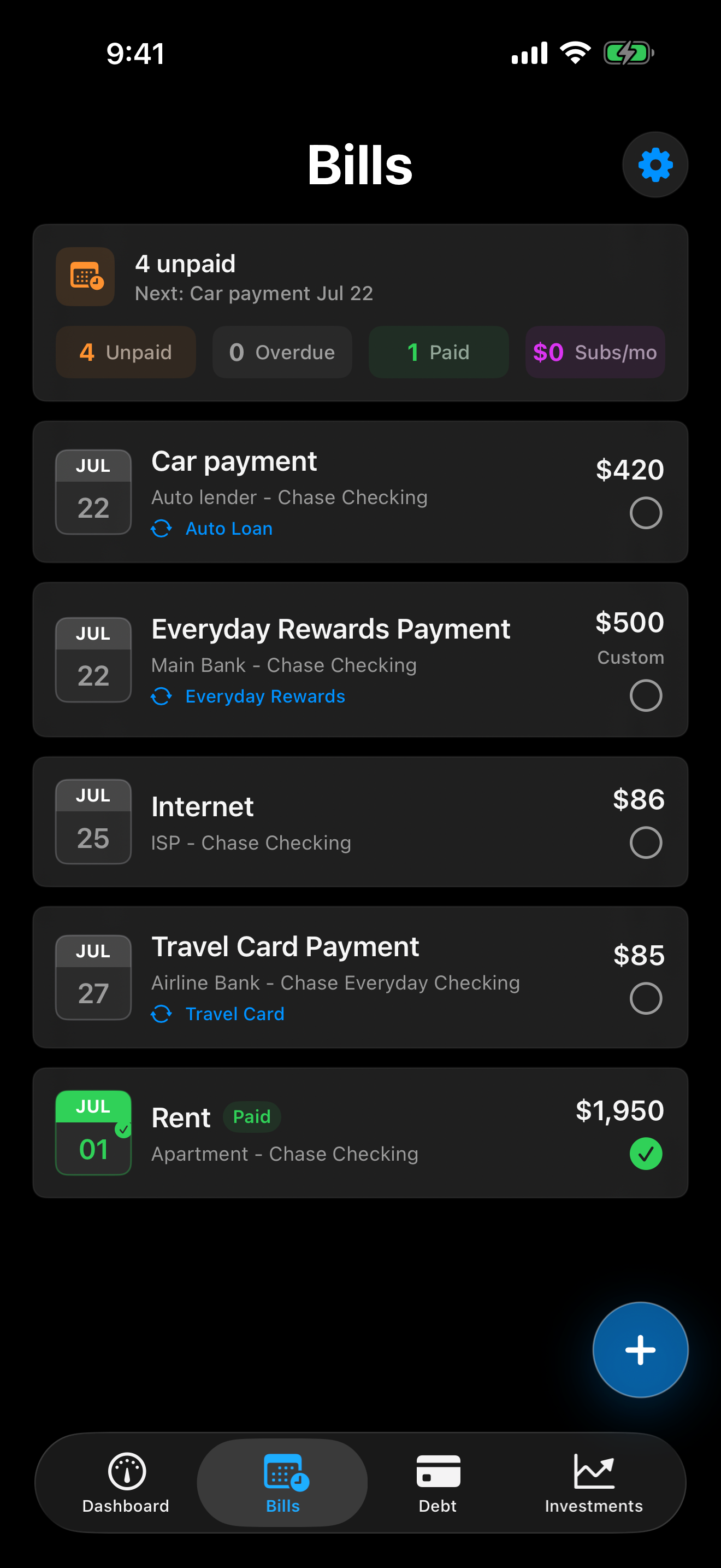 iPhone companion bills screen