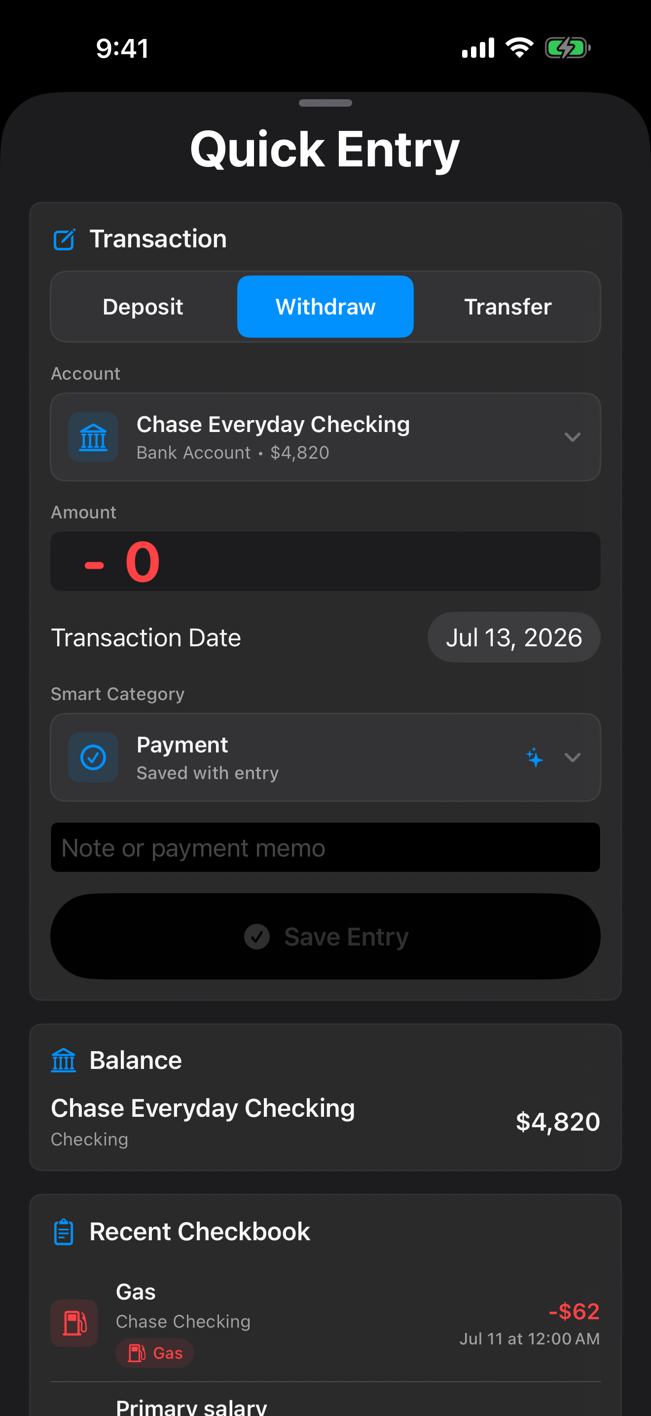iPhone companion quick entry screen