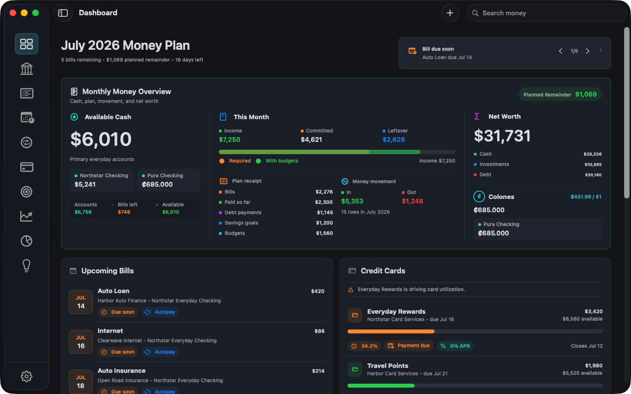 meMoney Mac dashboard showing monthly money overview, available cash, bills, credit cards, net worth, and budget status