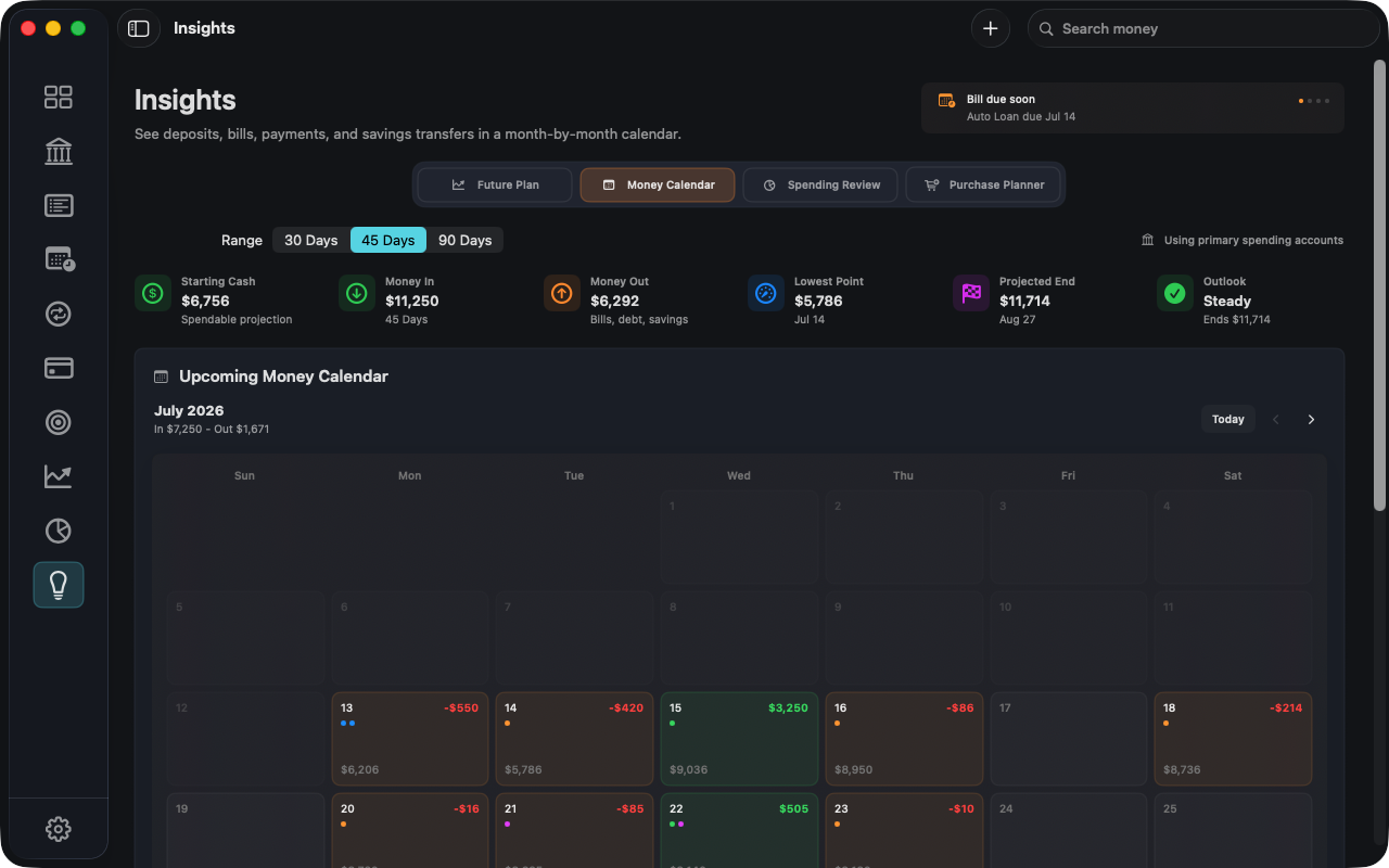 Insights and money calendar in meMoney