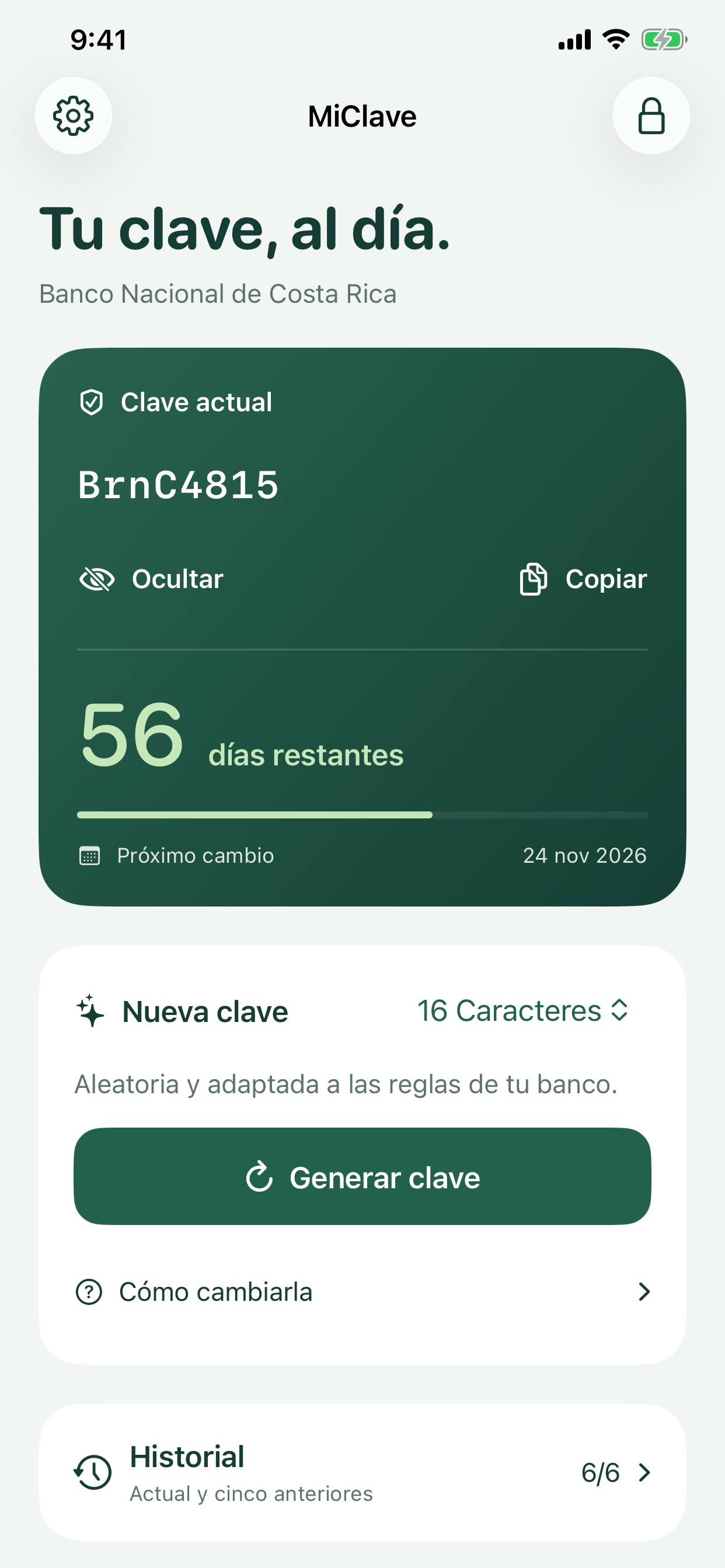 Inicio de MiClave con una clave de muestra y los días restantes para cambiarla