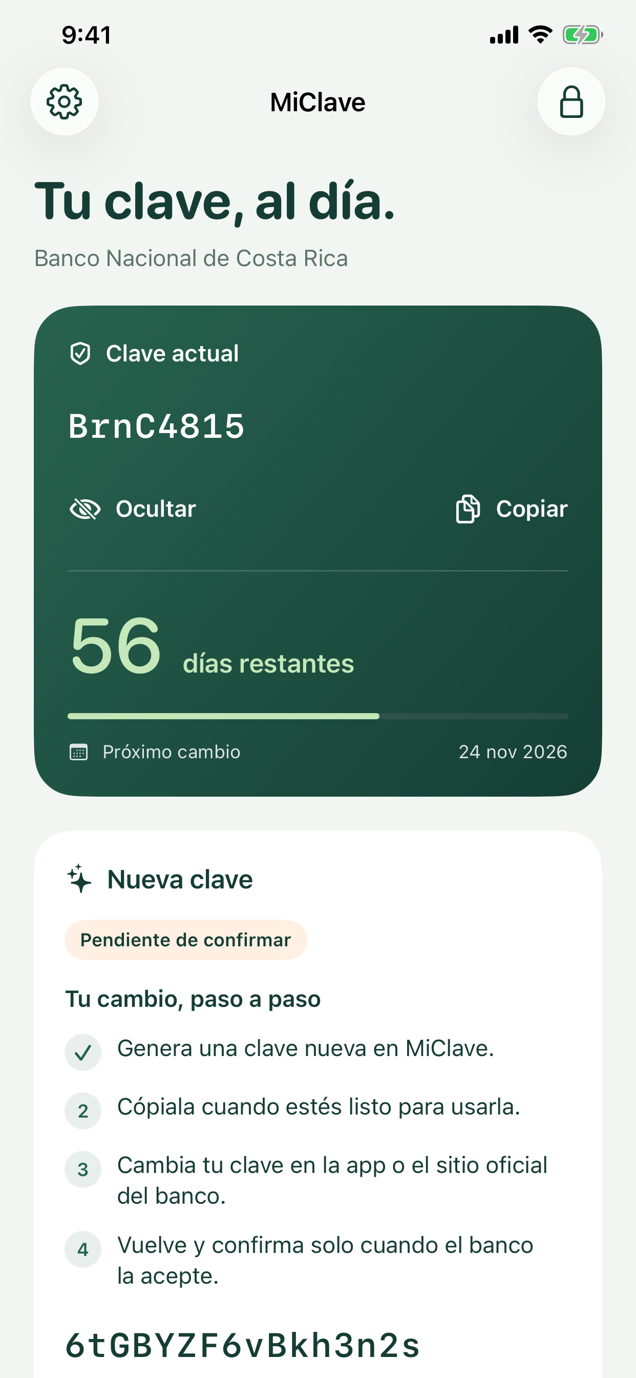 Proceso guiado para generar y confirmar una clave nueva