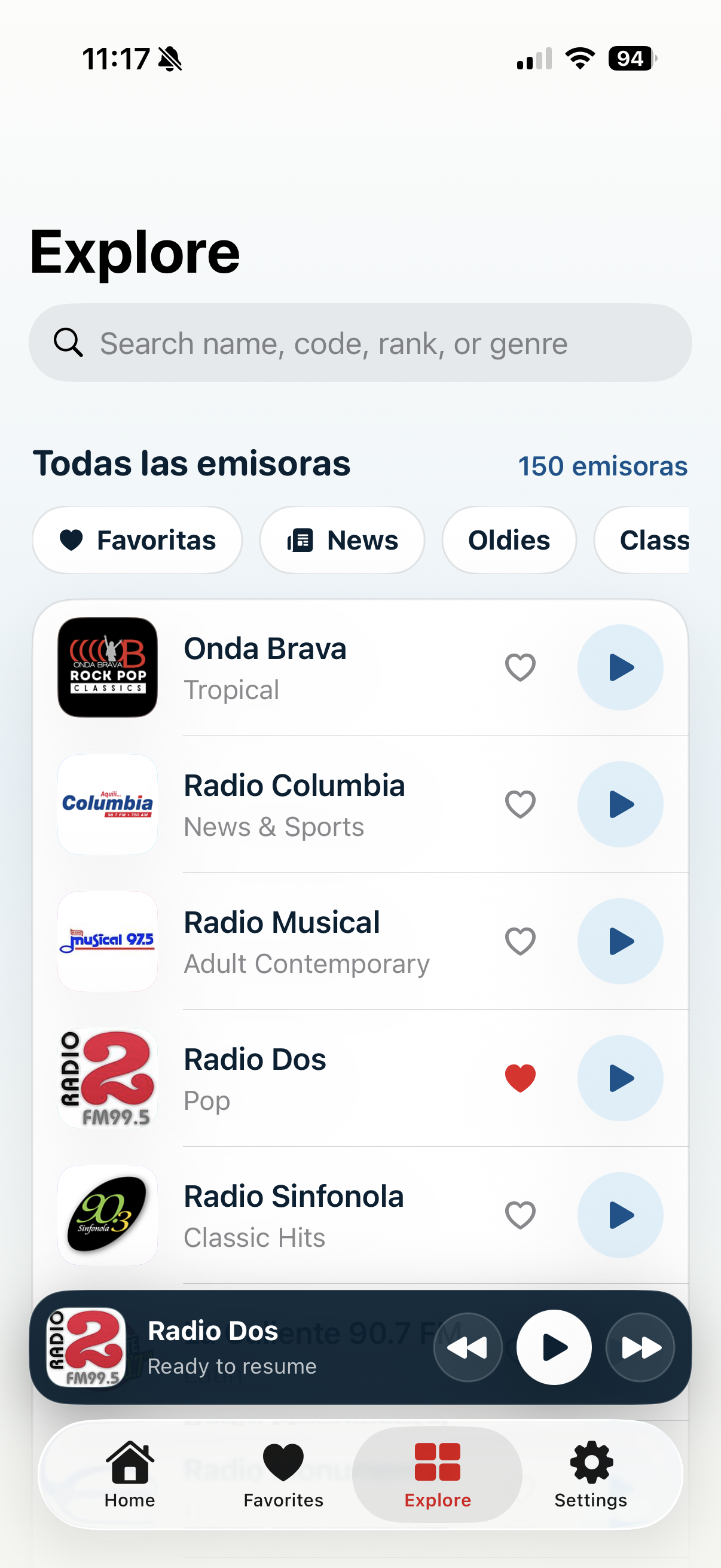 Sintonía CR explore screen with search and genre filters