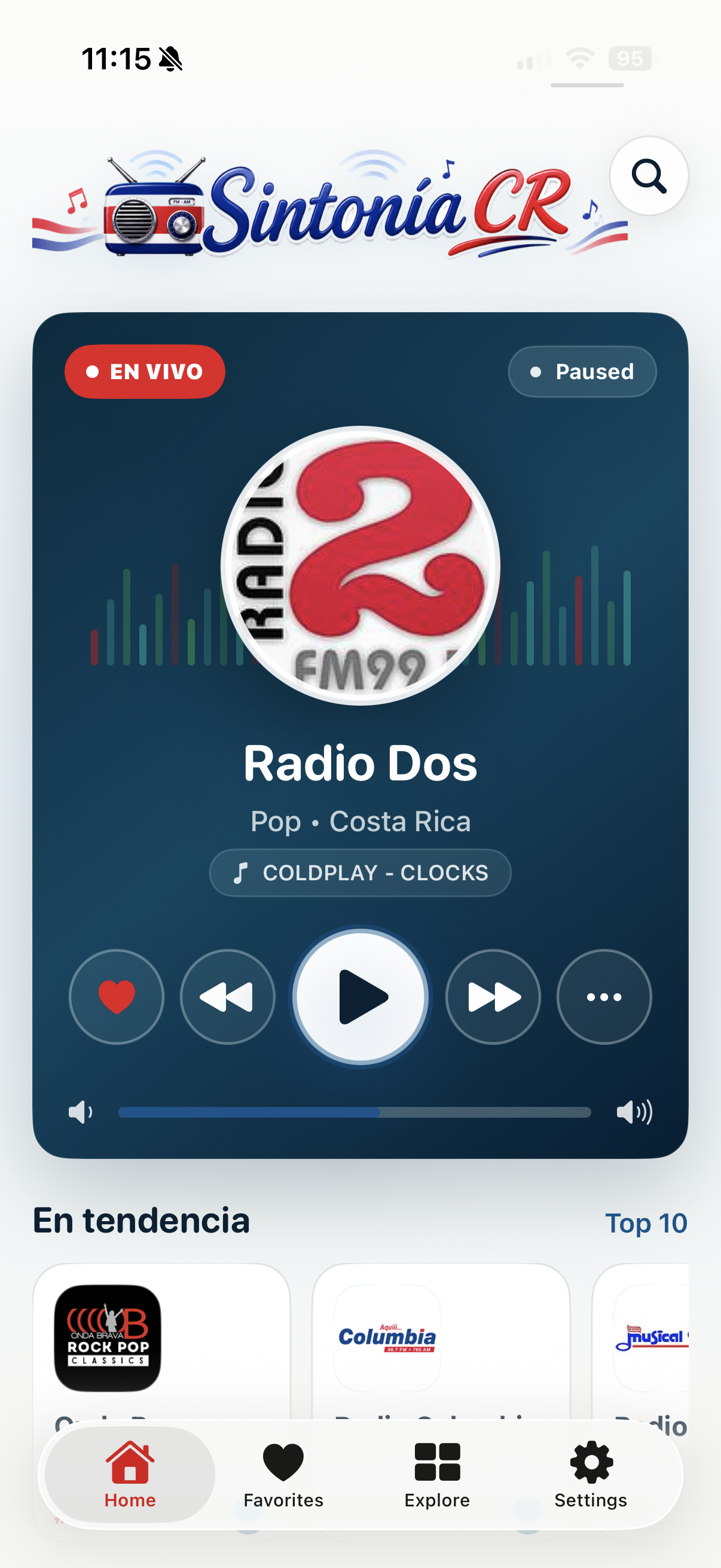 Sintonía CR home screen with live player and station recommendations
