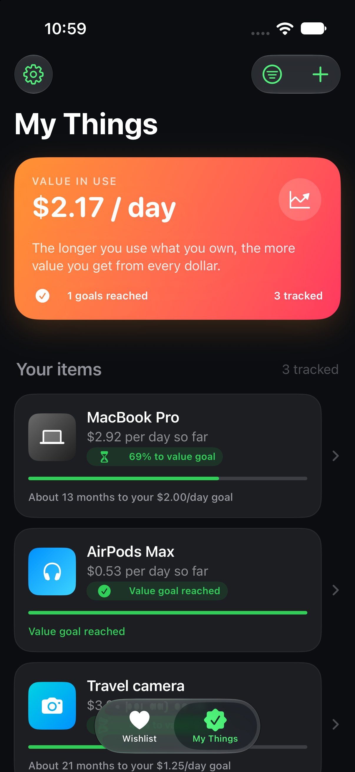WantWorth My Things screen showing cost per day for owned items