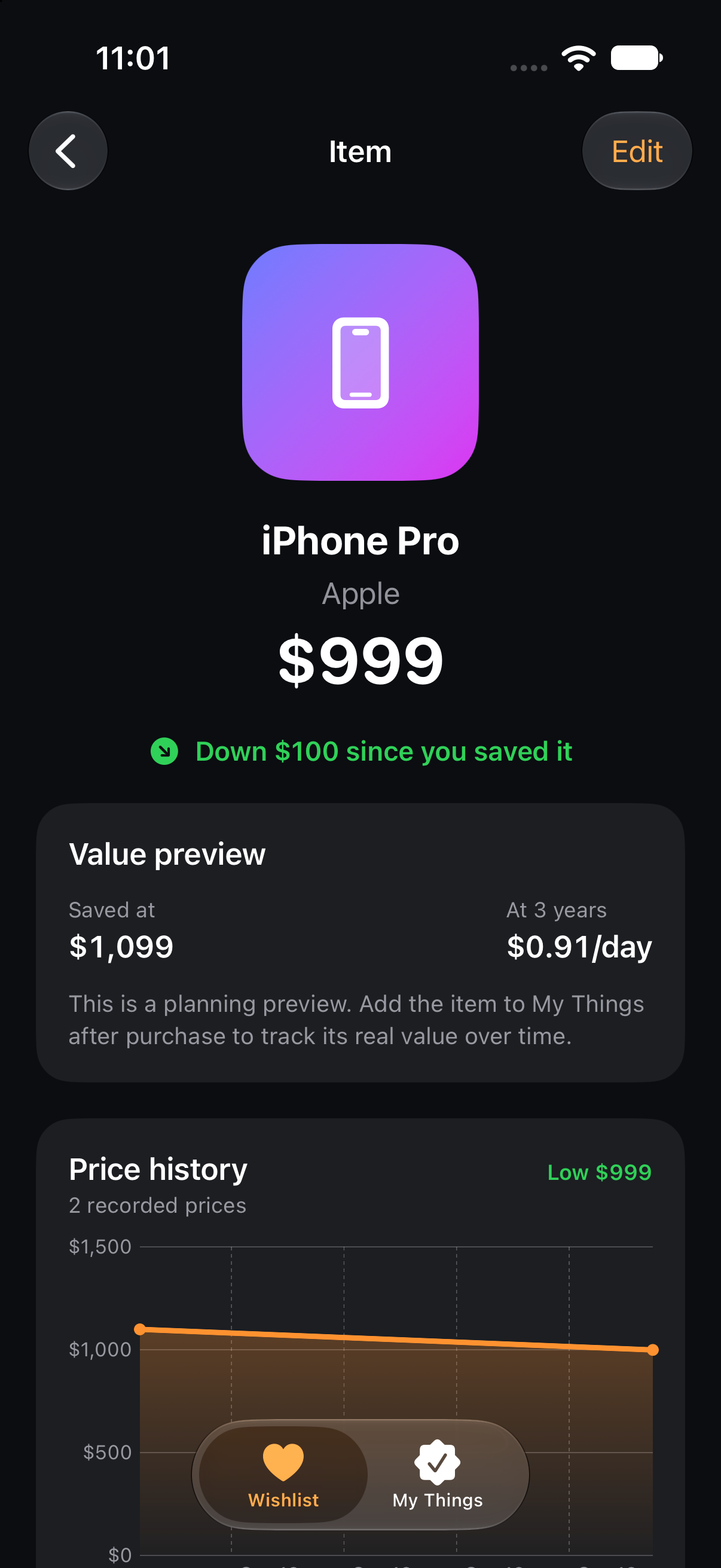 WantWorth item detail with saved price, target price, and price history